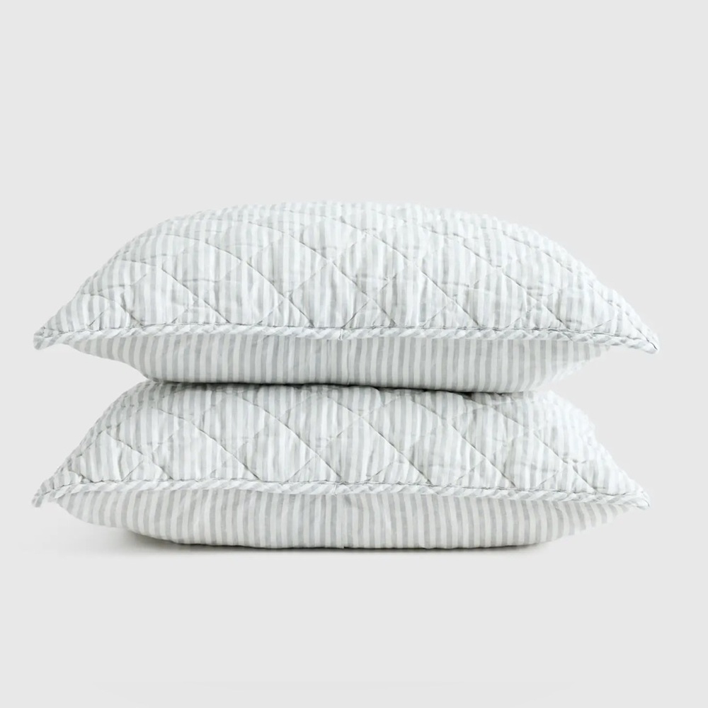 NWT Quince European Linen Stripe Quilted Kim Sham Set in Mist White Stripe